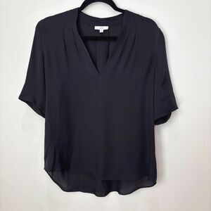 Joie 100% Silk Black Puff Sleeve Blouse L Chiffon Sheer V-neck Flowy Minimalist